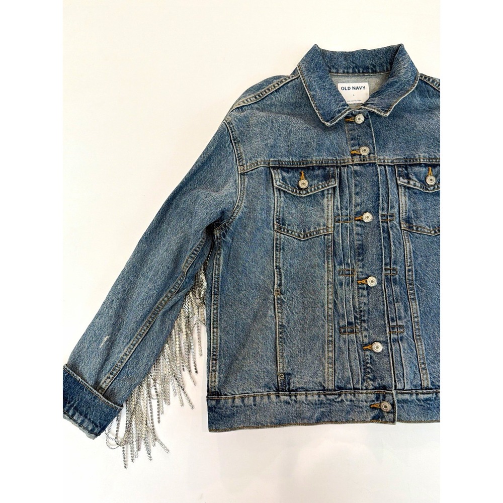 Old Navy Women's Jean Jacket Size L Fringe Button Front Pockets Y2K rock grunge
